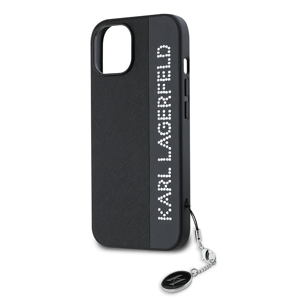 Tok Apple iPhone 15-höz, Karl Lagerfeld, Saffiano Rhinestones & Charm, Fekete