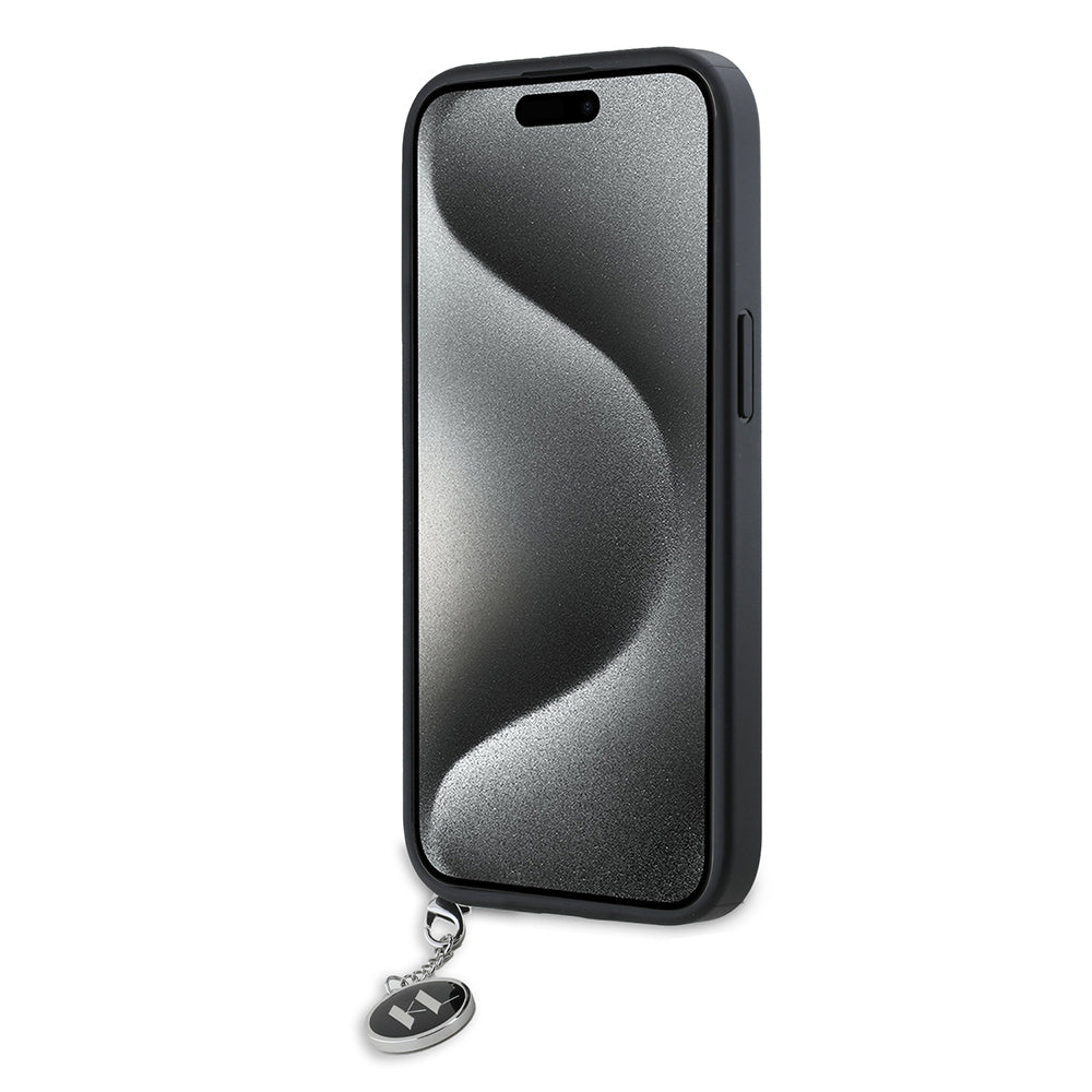 Tok Apple iPhone 15-höz, Karl Lagerfeld, Saffiano Rhinestones & Charm, Fekete