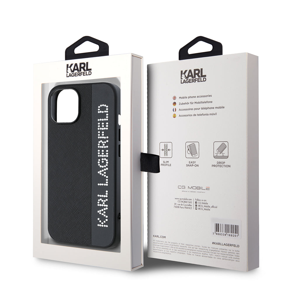 Tok Apple iPhone 15-höz, Karl Lagerfeld, Saffiano Rhinestones & Charm, Fekete