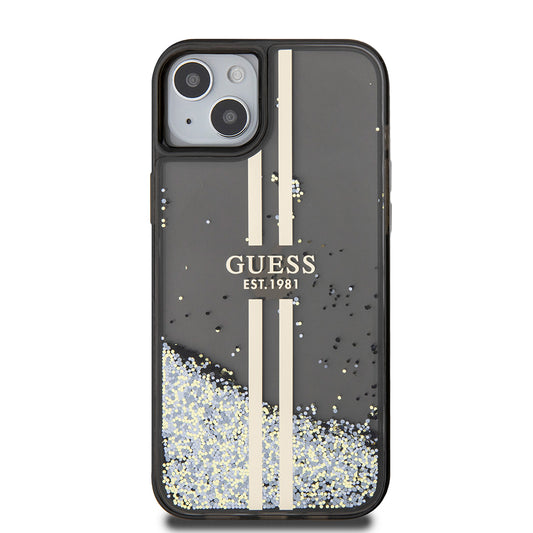 Tok Apple iPhone 15 Plus-hoz, Guess, Liquid Glitter Gold Stripes, Fekete