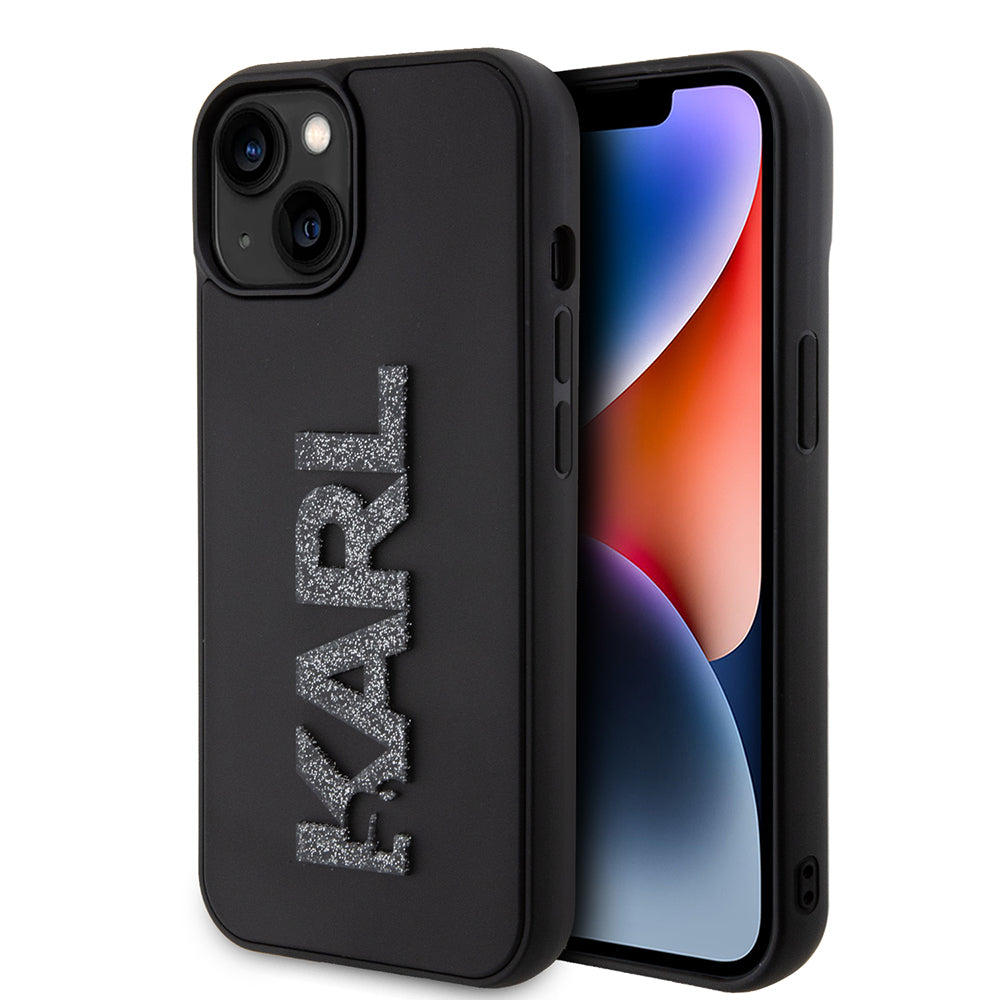 Tok a Apple iPhone 15 Plus-hoz, Karl Lagerfeld, 3D Rubber Glitter Logo, Fekete