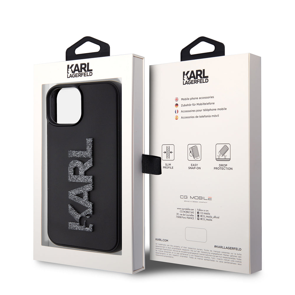 Tok a Apple iPhone 15 Plus-hoz, Karl Lagerfeld, 3D Rubber Glitter Logo, Fekete