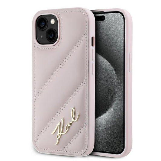 Tok Apple iPhone 15 Plus-hoz, Karl Lagerfeld, Diagonal Quilted Script, Rózsaszín