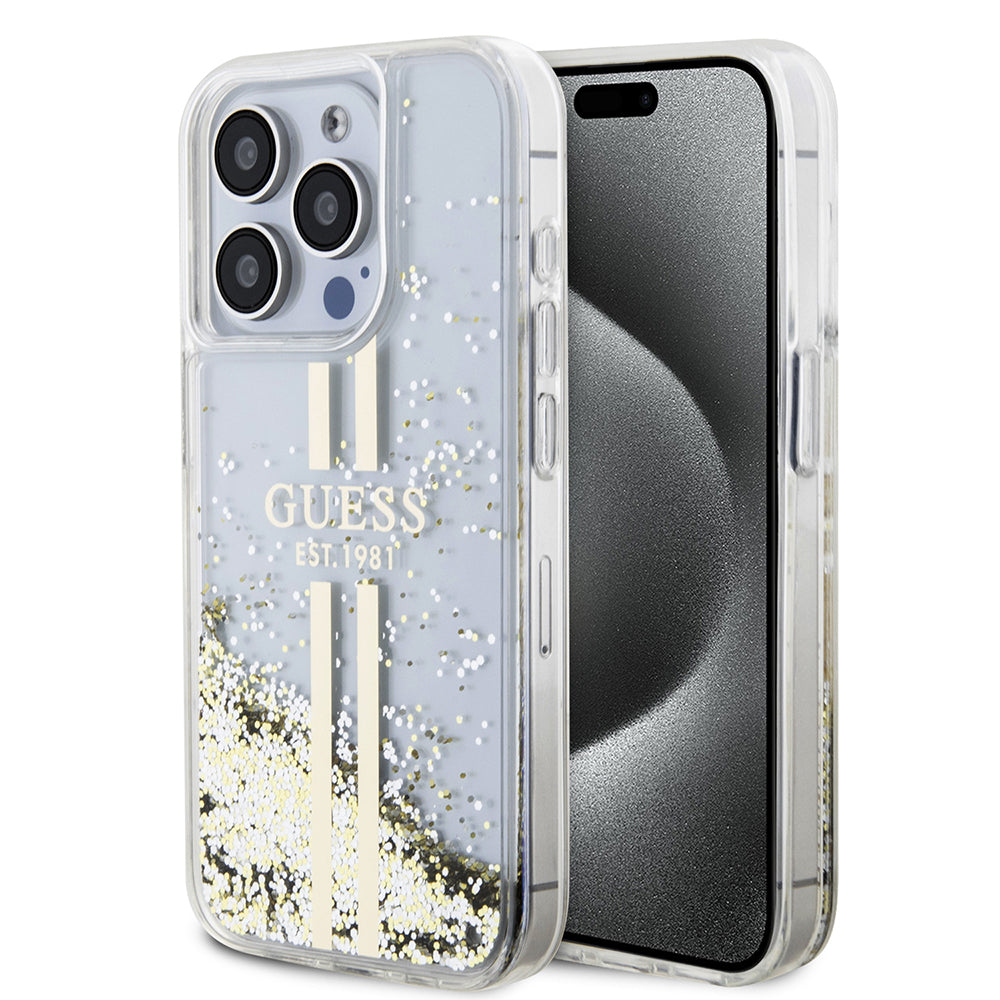 Tok a Apple iPhone 15 Pro-hoz, Guess, Liquid Glitter Gold Stripes, Átlátszó