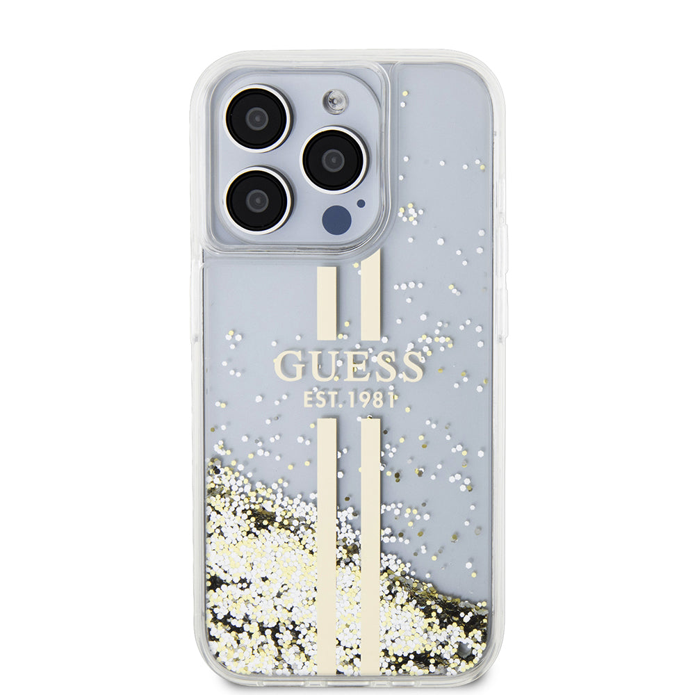 Tok a Apple iPhone 15 Pro-hoz, Guess, Liquid Glitter Gold Stripes, Átlátszó