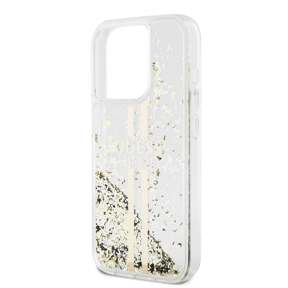 Tok a Apple iPhone 15 Pro-hoz, Guess, Liquid Glitter Gold Stripes, Átlátszó