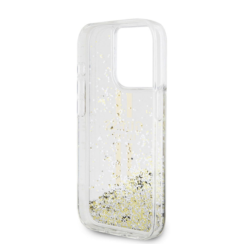 Tok a Apple iPhone 15 Pro-hoz, Guess, Liquid Glitter Gold Stripes, Átlátszó