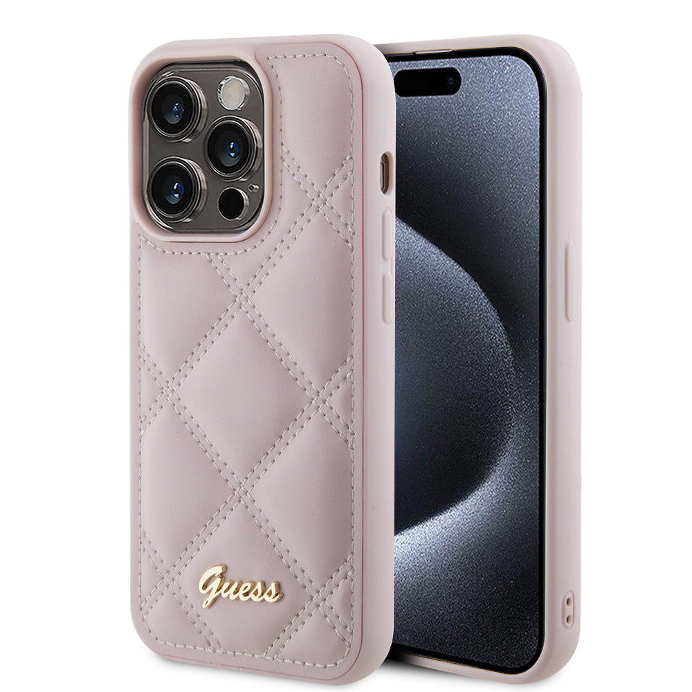 Tok a Apple iPhone 15 Pro-hoz, Guess, Steppelt Fém Logó, Rózsaszín