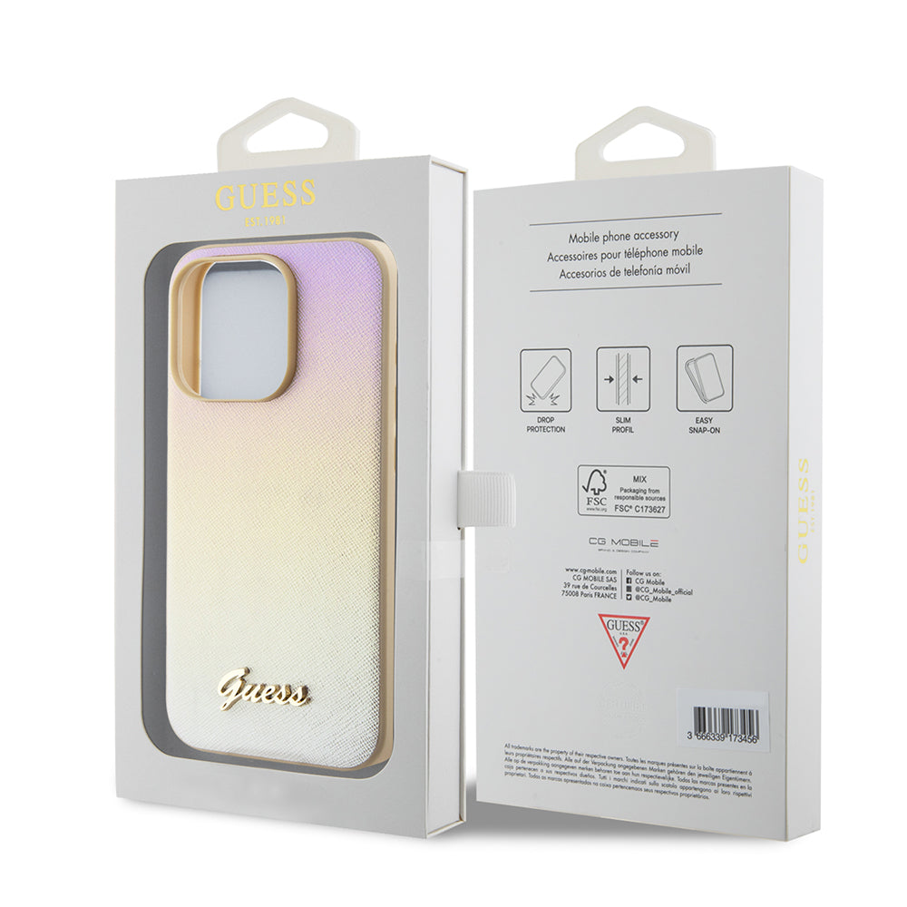 Tok Apple iPhone 15 Pro-hoz, Guess, Saffiano Iridescent Script, Arany