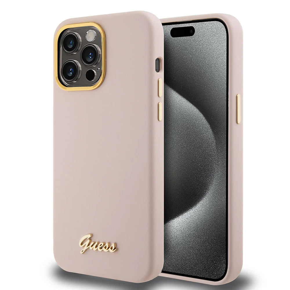 Tok Apple iPhone 15 Pro-hoz, Guess, Script Metal Logo & Frame, Világos rózsaszín
