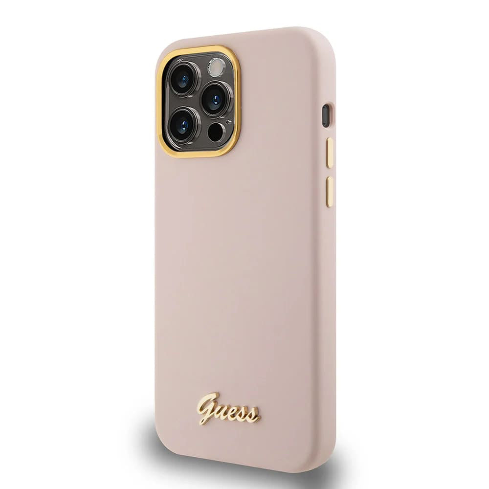 Tok Apple iPhone 15 Pro-hoz, Guess, Script Metal Logo & Frame, Világos rózsaszín