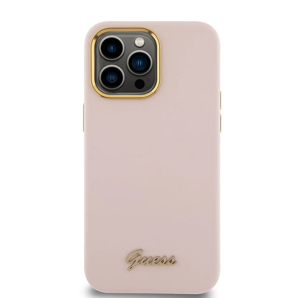 Tok Apple iPhone 15 Pro-hoz, Guess, Script Metal Logo & Frame, Világos rózsaszín