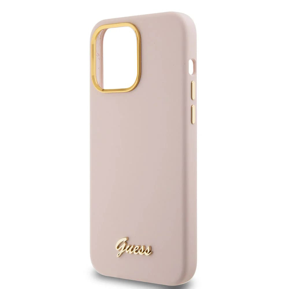 Tok Apple iPhone 15 Pro-hoz, Guess, Script Metal Logo & Frame, Világos rózsaszín
