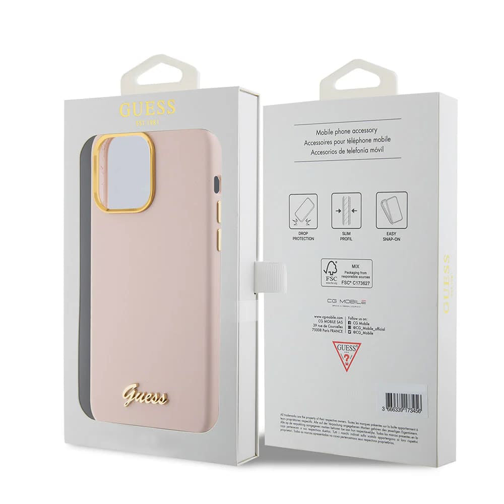 Tok Apple iPhone 15 Pro-hoz, Guess, Script Metal Logo & Frame, Világos rózsaszín