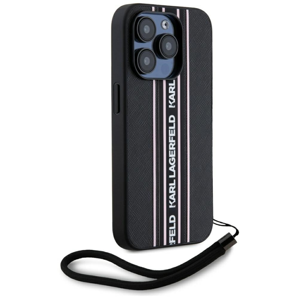 Tok Apple iPhone 15 Pro-hoz, Karl Lagerfeld, Saffiano Athleisure Stripes with Strap, Rózsaszín