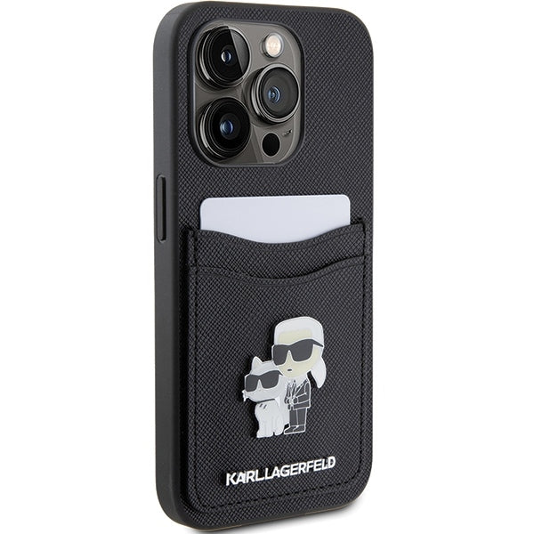 Tok Apple iPhone 15 Pro-hoz, Karl Lagerfeld, Saffiano kártyatartós fém Karl & Choupette, Fekete