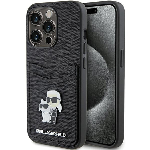 Tok Apple iPhone 15 Pro-hoz, Karl Lagerfeld, Saffiano kártyatartós fém Karl & Choupette, Fekete