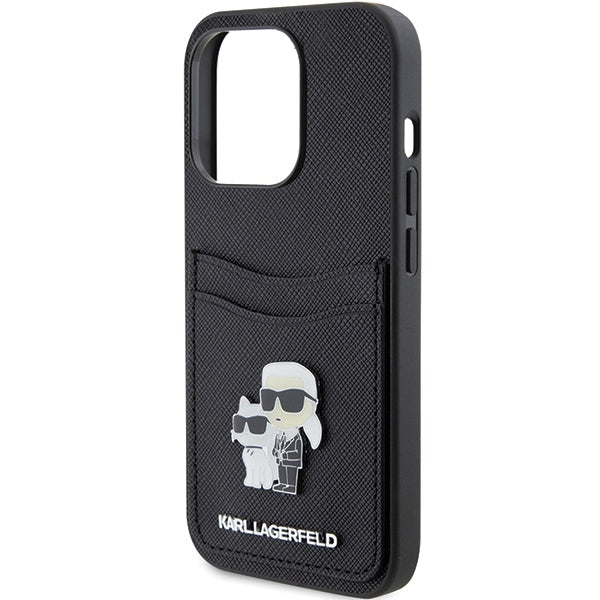 Tok Apple iPhone 15 Pro-hoz, Karl Lagerfeld, Saffiano kártyatartós fém Karl & Choupette, Fekete