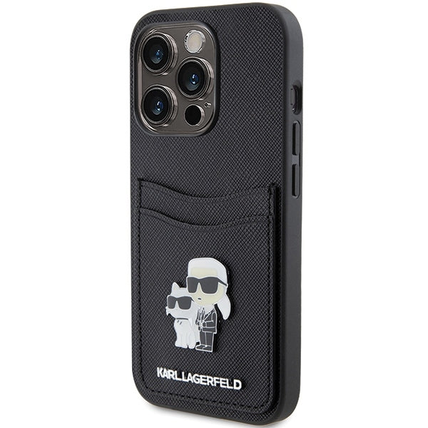 Tok Apple iPhone 15 Pro-hoz, Karl Lagerfeld, Saffiano kártyatartós fém Karl & Choupette, Fekete
