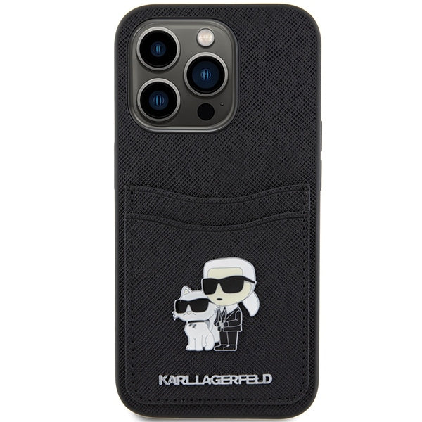 Tok Apple iPhone 15 Pro-hoz, Karl Lagerfeld, Saffiano kártyatartós fém Karl & Choupette, Fekete