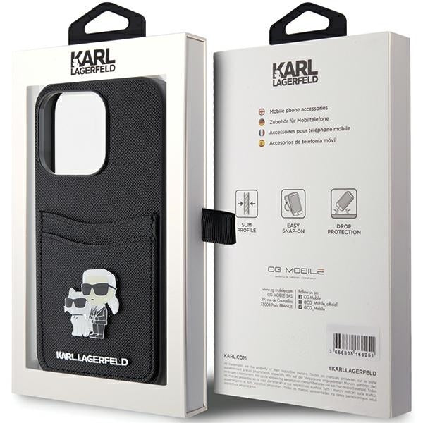 Tok Apple iPhone 15 Pro-hoz, Karl Lagerfeld, Saffiano kártyatartós fém Karl & Choupette, Fekete
