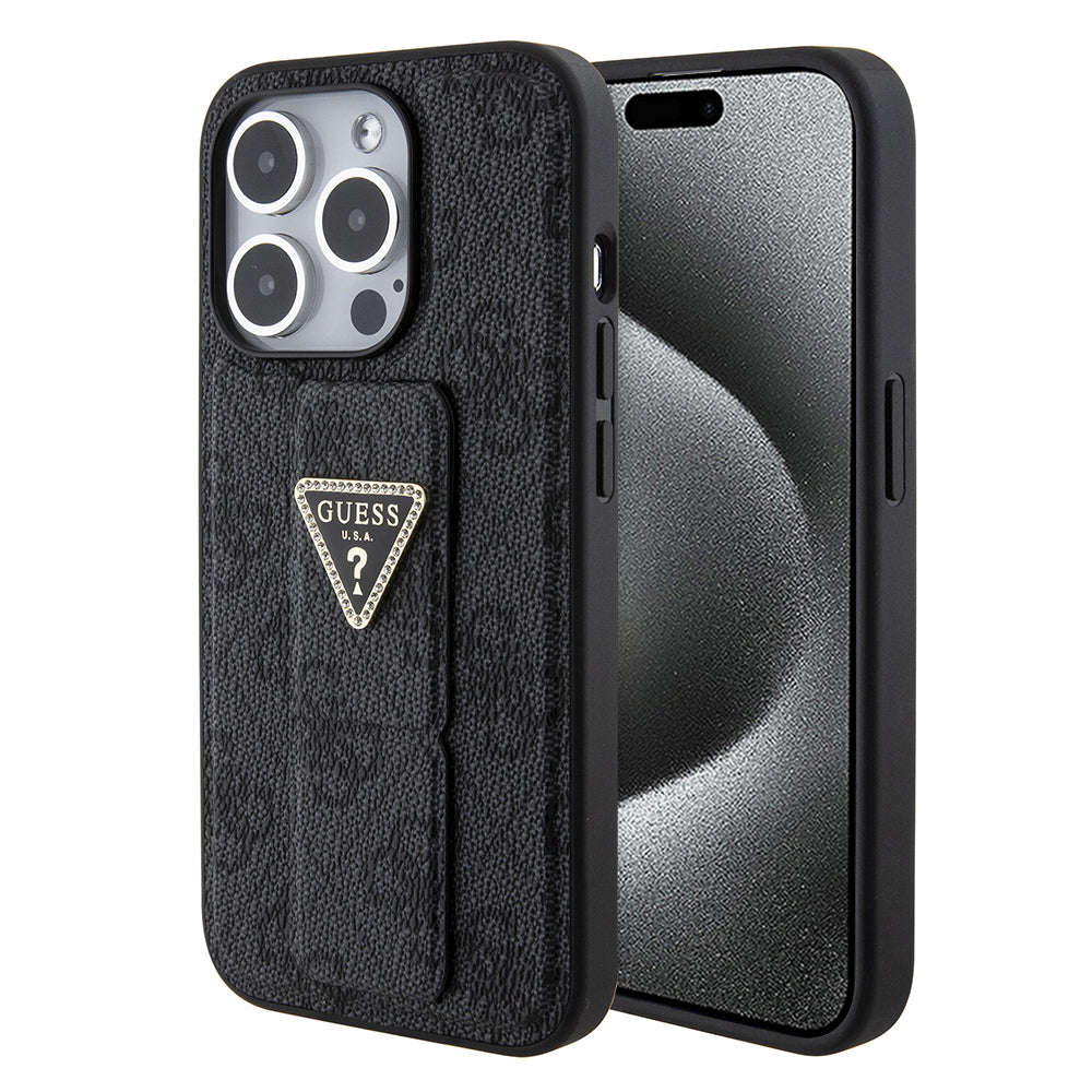 Tok Apple iPhone 15 Pro Max-hoz, Guess, Grip Stand 4G Triangle Strass, Fekete