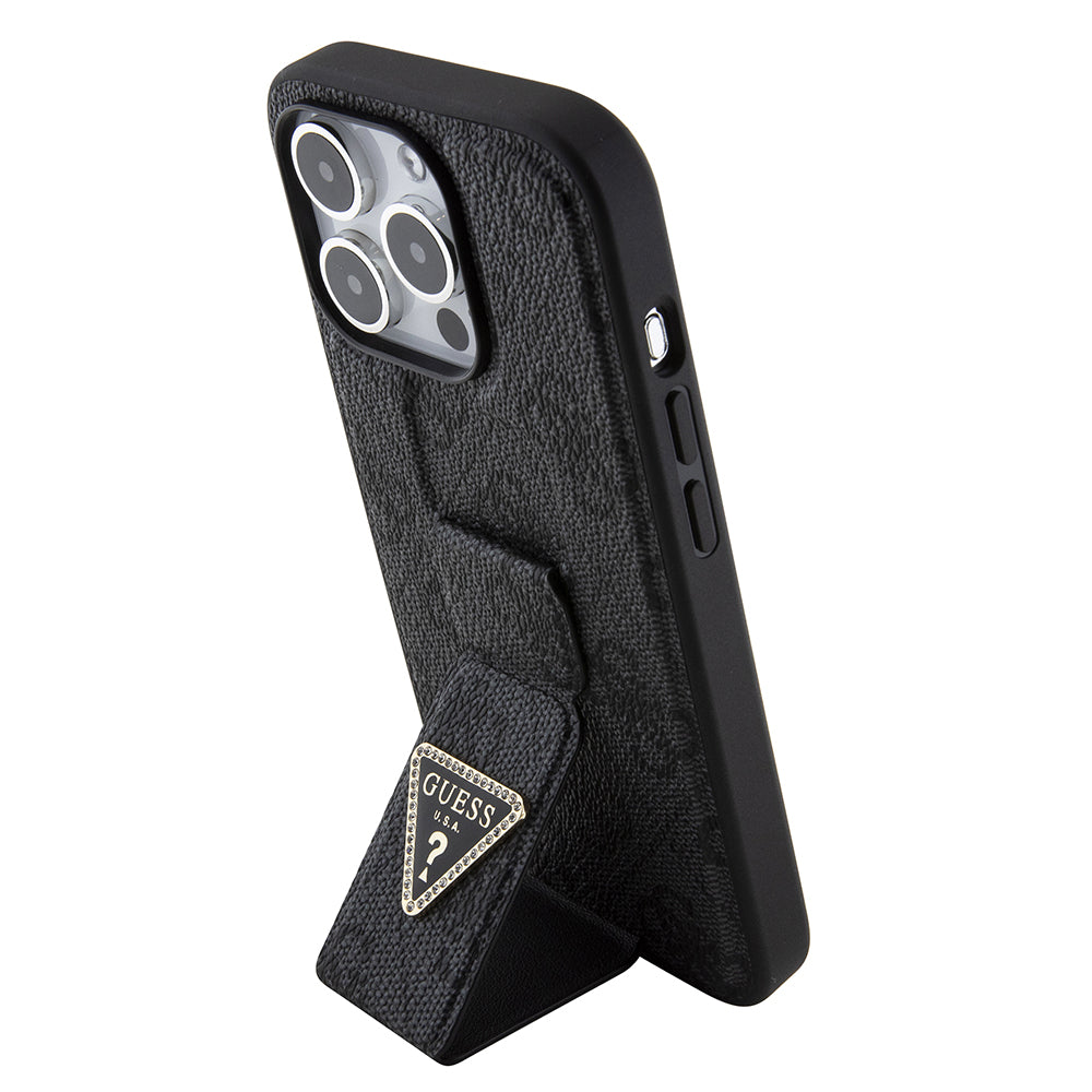 Tok Apple iPhone 15 Pro Max-hoz, Guess, Grip Stand 4G Triangle Strass, Fekete