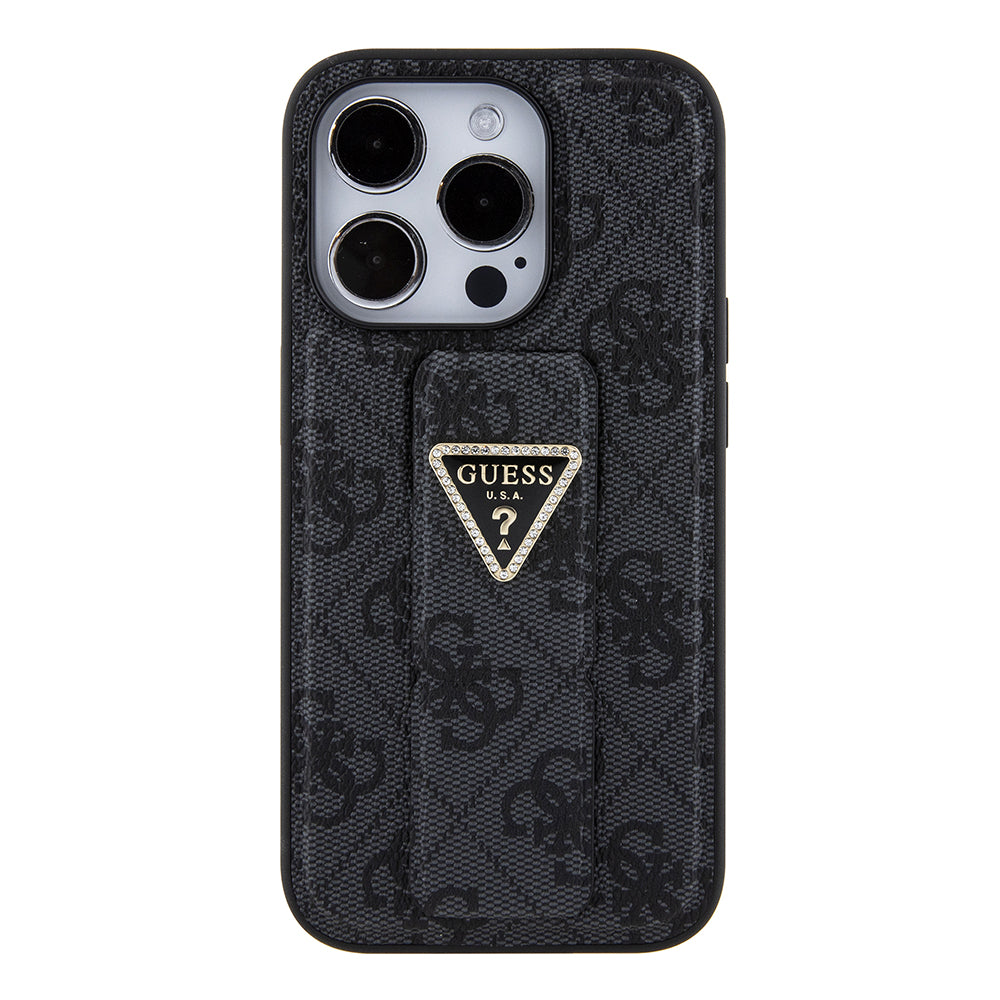 Tok Apple iPhone 15 Pro Max-hoz, Guess, Grip Stand 4G Triangle Strass, Fekete