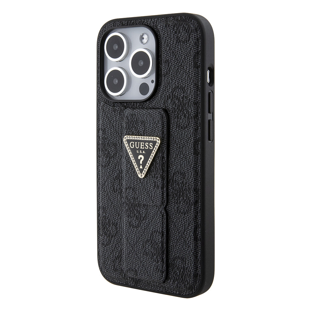 Tok Apple iPhone 15 Pro Max-hoz, Guess, Grip Stand 4G Triangle Strass, Fekete
