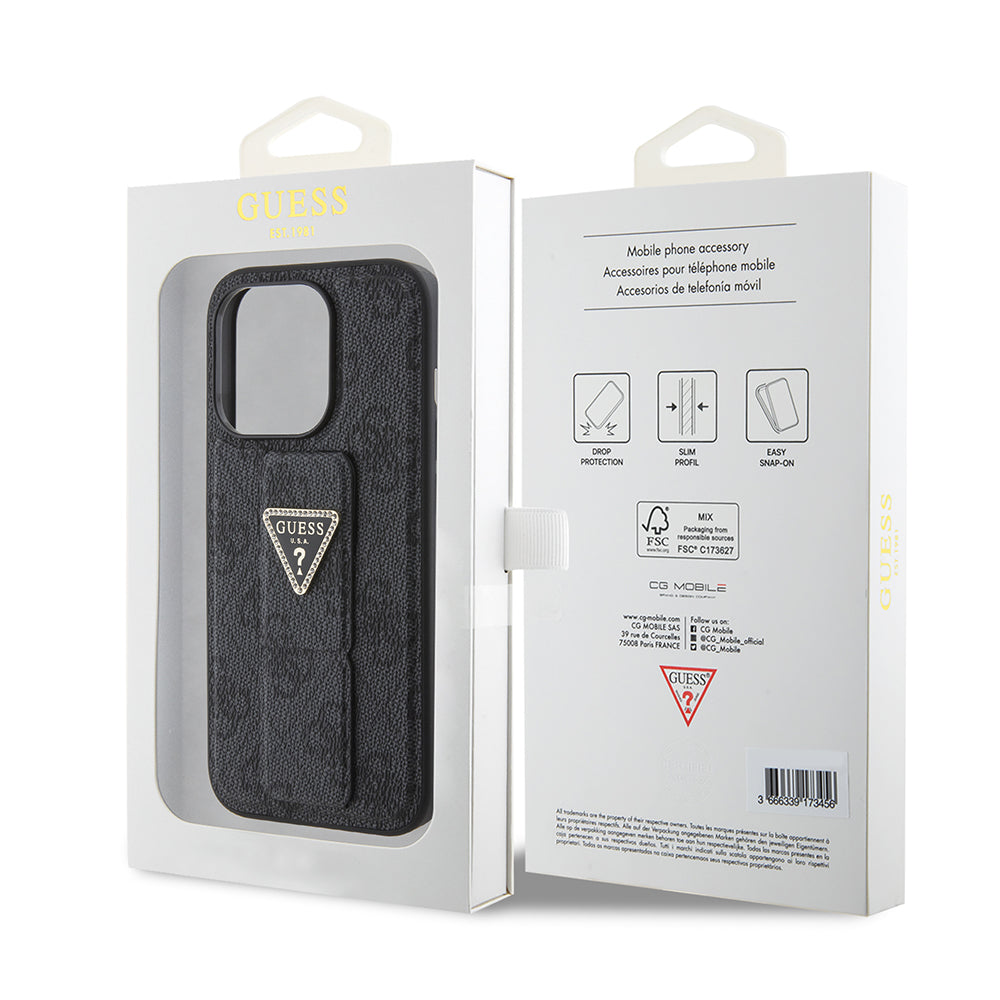 Tok Apple iPhone 15 Pro Max-hoz, Guess, Grip Stand 4G Triangle Strass, Fekete