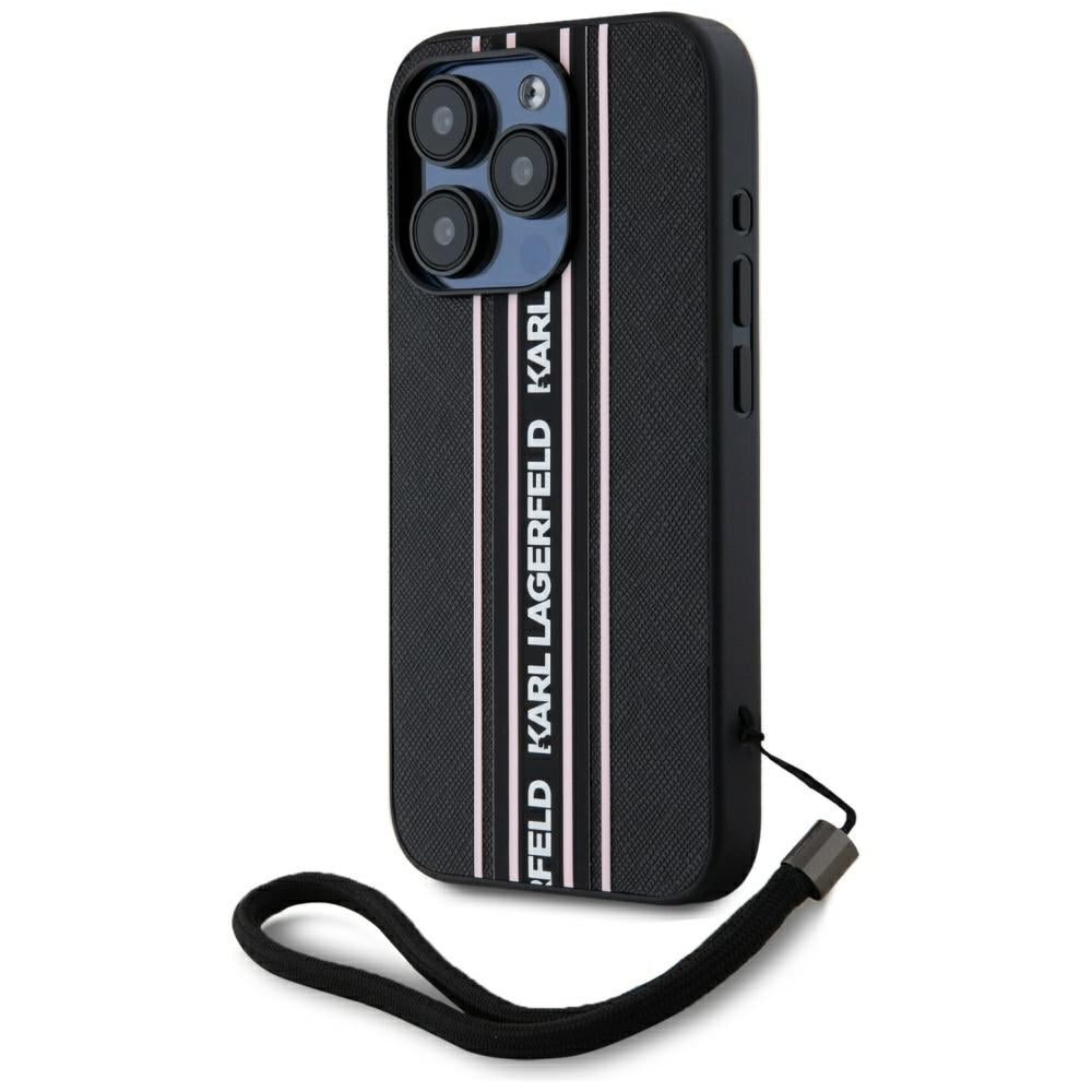 Tok Apple iPhone 15 Pro Max-hoz, Karl Lagerfeld, Saffiano Athleisure Stripes with Strap, Rózsaszín