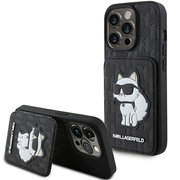 Tok Apple iPhone 15 Pro Max-hoz, Karl Lagerfeld, Saffiano Cardslots and Stand Monogram Choupette, Fekete