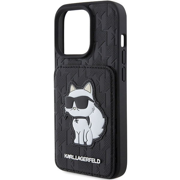 Tok Apple iPhone 15 Pro Max-hoz, Karl Lagerfeld, Saffiano Cardslots and Stand Monogram Choupette, Fekete