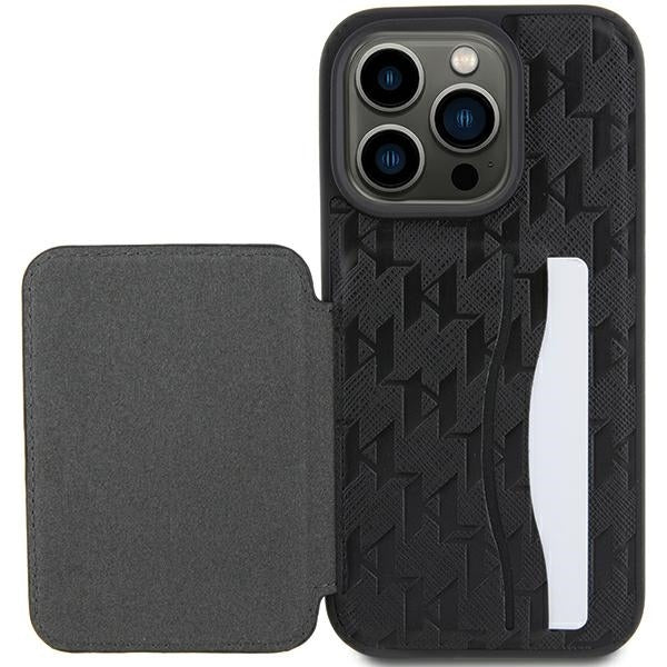 Tok Apple iPhone 15 Pro Max-hoz, Karl Lagerfeld, Saffiano Cardslots and Stand Monogram Choupette, Fekete