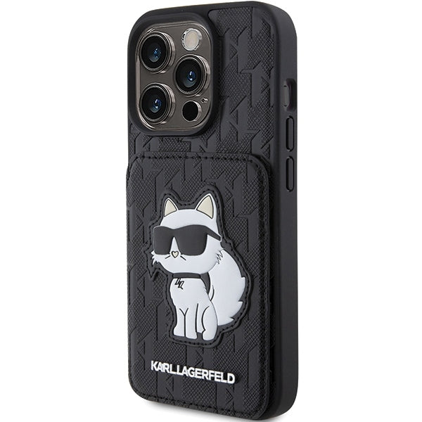 Tok Apple iPhone 15 Pro Max-hoz, Karl Lagerfeld, Saffiano Cardslots and Stand Monogram Choupette, Fekete