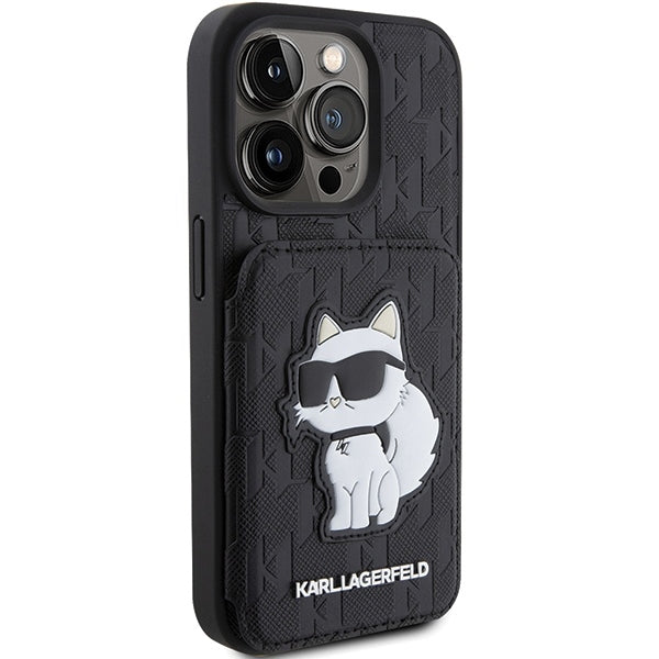 Tok Apple iPhone 15 Pro Max-hoz, Karl Lagerfeld, Saffiano Cardslots and Stand Monogram Choupette, Fekete