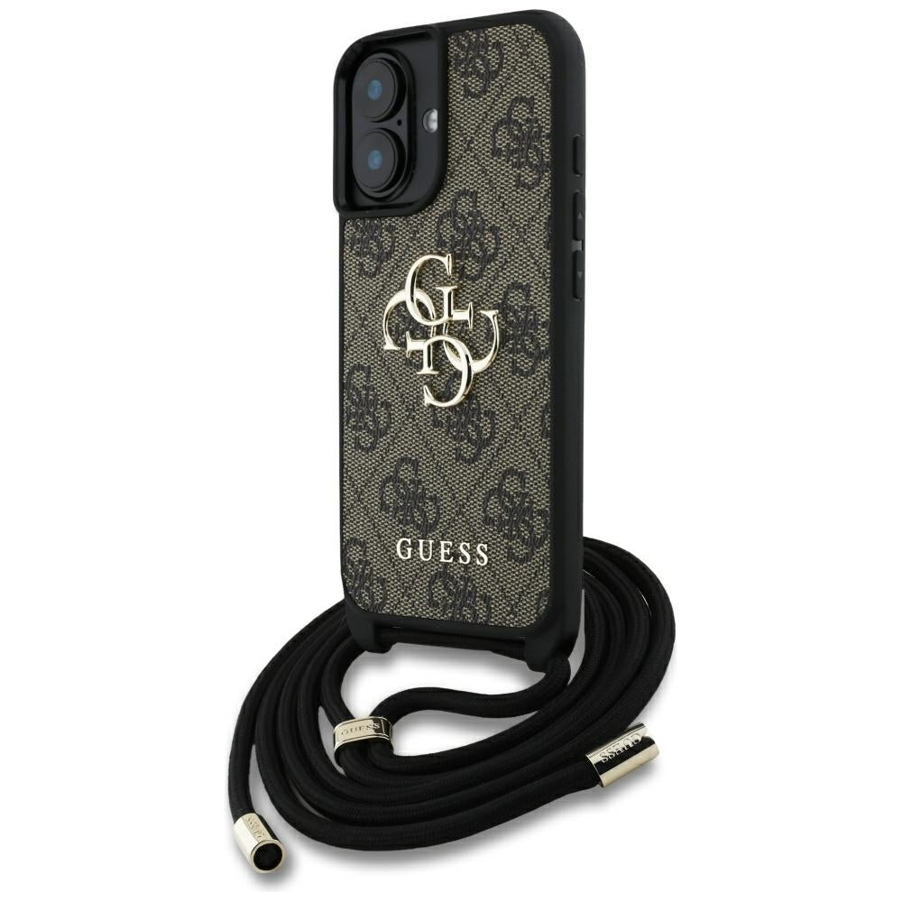 Case for Apple iPhone 16, Guess, 4G CBDY Big Logo with Cord Strap, Brown