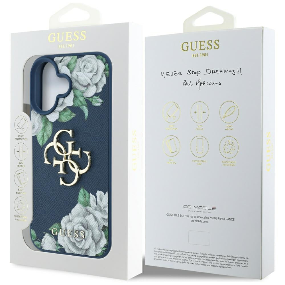 Tok Apple iPhone 16-hoz, Guess, 4G Grained Roses Big Logo, Kék