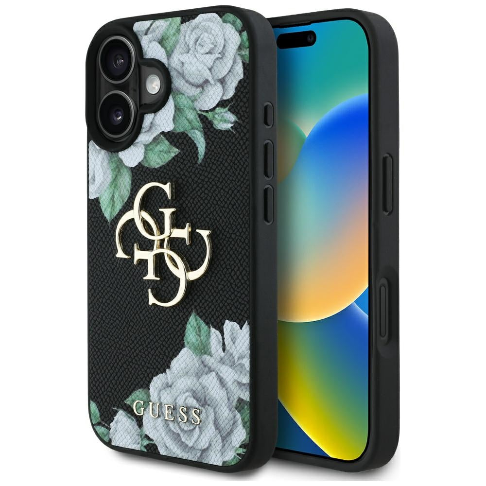 Tok Apple iPhone 16-hoz, Guess, 4G Grained Roses Big Logo, Fekete