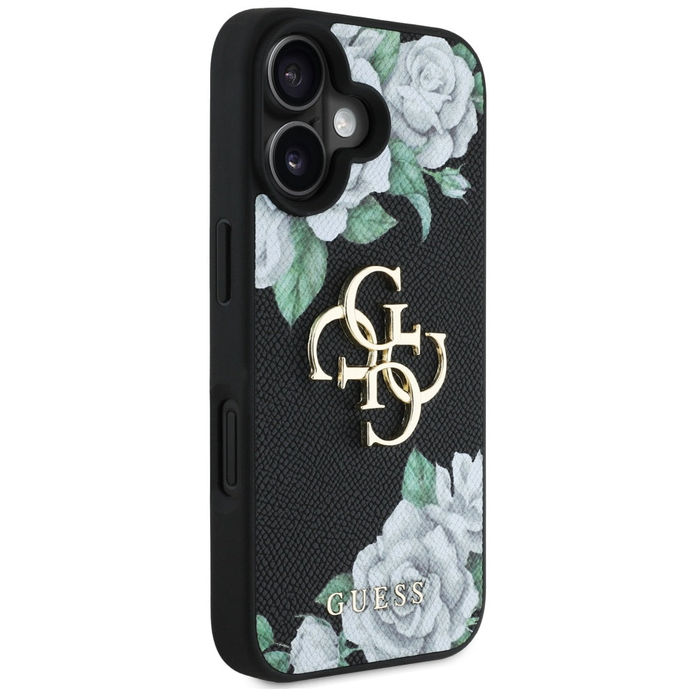 Tok Apple iPhone 16-hoz, Guess, 4G Grained Roses Big Logo, Fekete