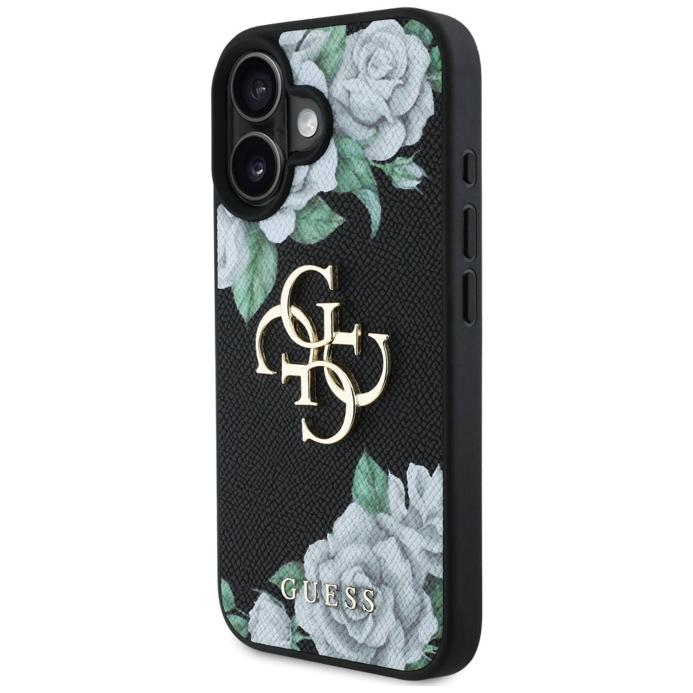 Tok Apple iPhone 16-hoz, Guess, 4G Grained Roses Big Logo, Fekete