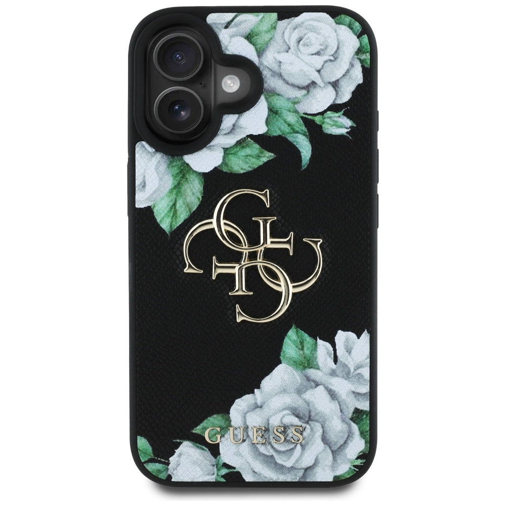 Tok Apple iPhone 16-hoz, Guess, 4G Grained Roses Big Logo, Fekete