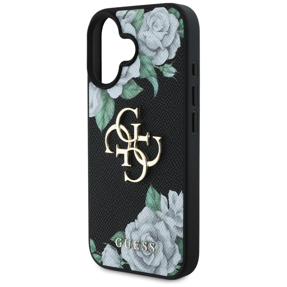 Tok Apple iPhone 16-hoz, Guess, 4G Grained Roses Big Logo, Fekete