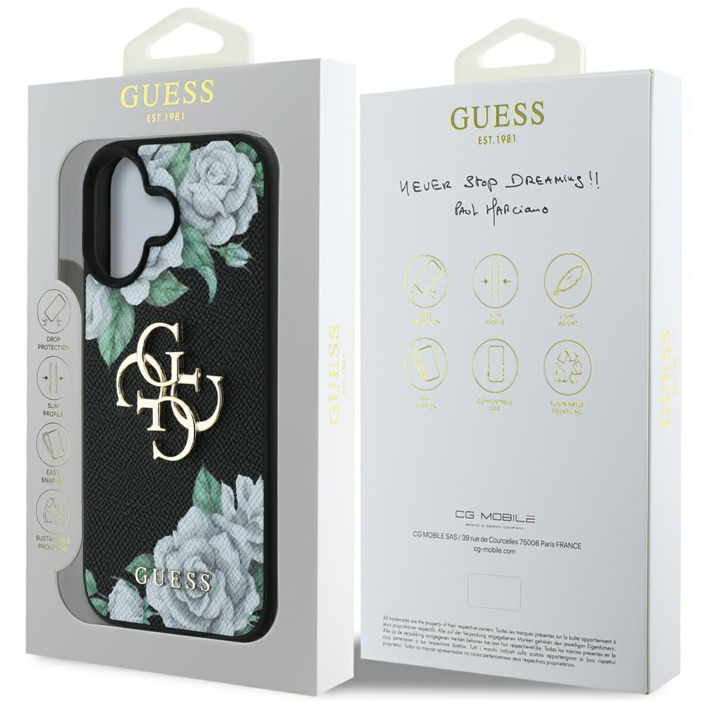 Tok Apple iPhone 16-hoz, Guess, 4G Grained Roses Big Logo, Fekete