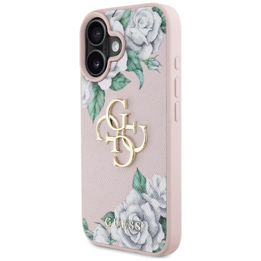 Tok Apple iPhone 16-hoz, Guess, 4G Grained Roses Big Logo, Rózsaszín