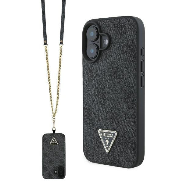 Tok Apple iPhone 16-hoz, Guess, Crossbody 4G Triangle Strass, Fekete