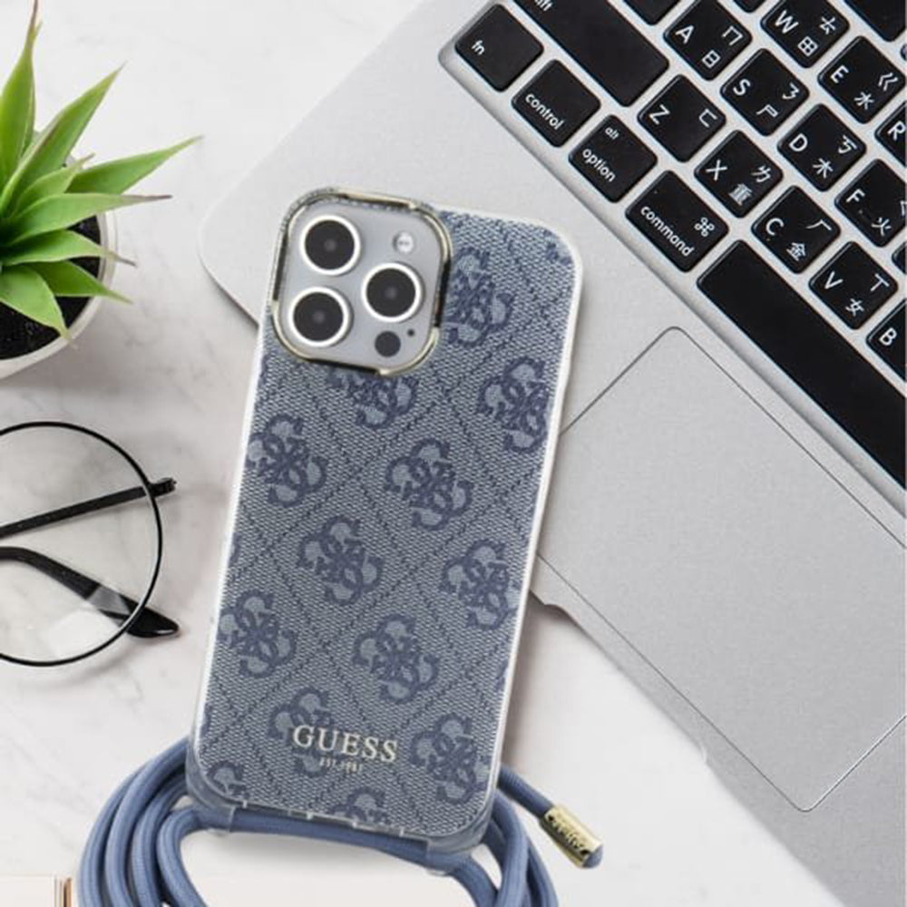 Case for Apple iPhone 16, Guess, Crossbody Cord 4G Print, Black