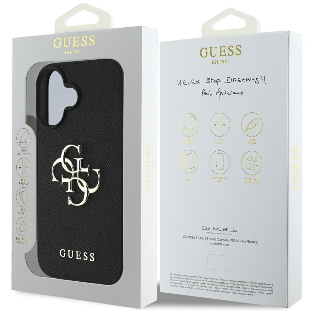 Tok Apple iPhone 16-hoz, Guess, Grained Big 4G Logo Small Classic Logo, Fekete