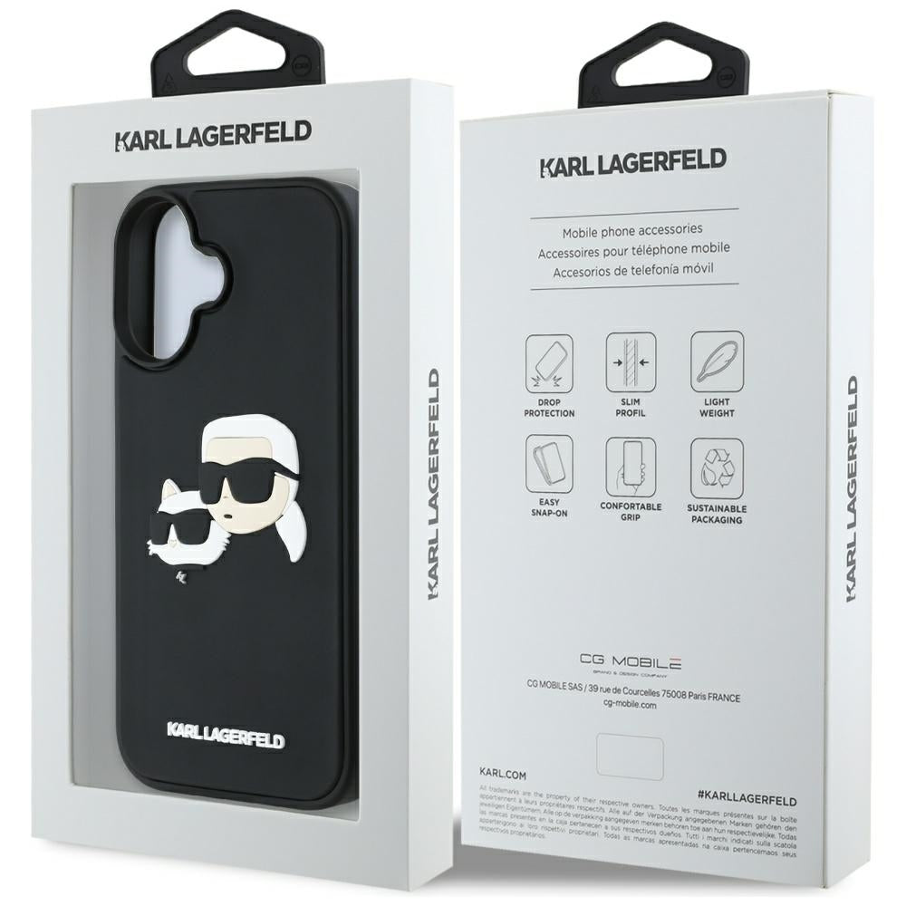 Tok a Apple iPhone 16-hoz, Karl Lagerfeld, 3D Rubber Karl & Choupette, Fekete