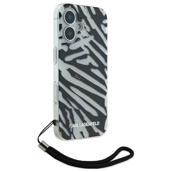 Tok Apple iPhone 16-hoz, Karl Lagerfeld, IML Luxury Zebra mintás pántos, Fekete